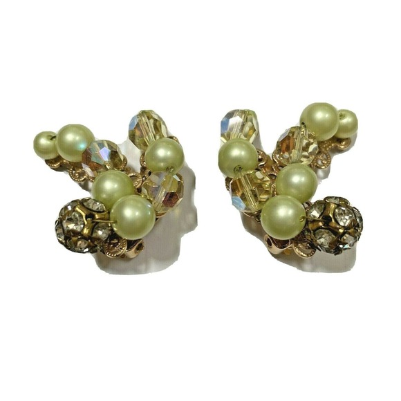 Vintage Mid Century Clip On Earrings Lemon Pearl Beads Crystals & Rhinestones - Picture 1 of 5